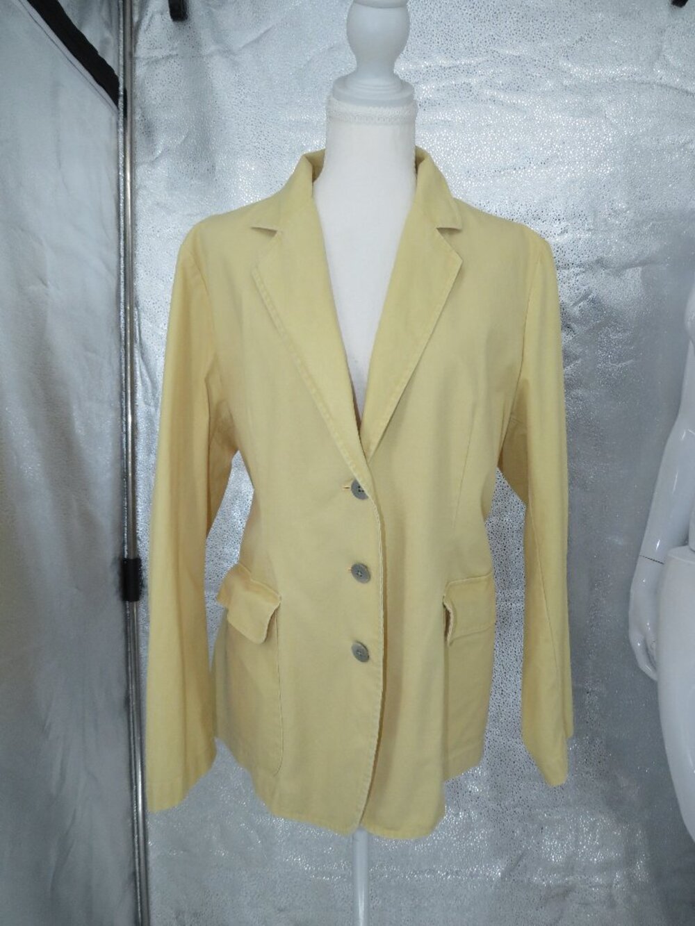 LL Bean Yellow Blazer Jacket Womens Petite 12 Cotton Button Up Flap Pocket Light